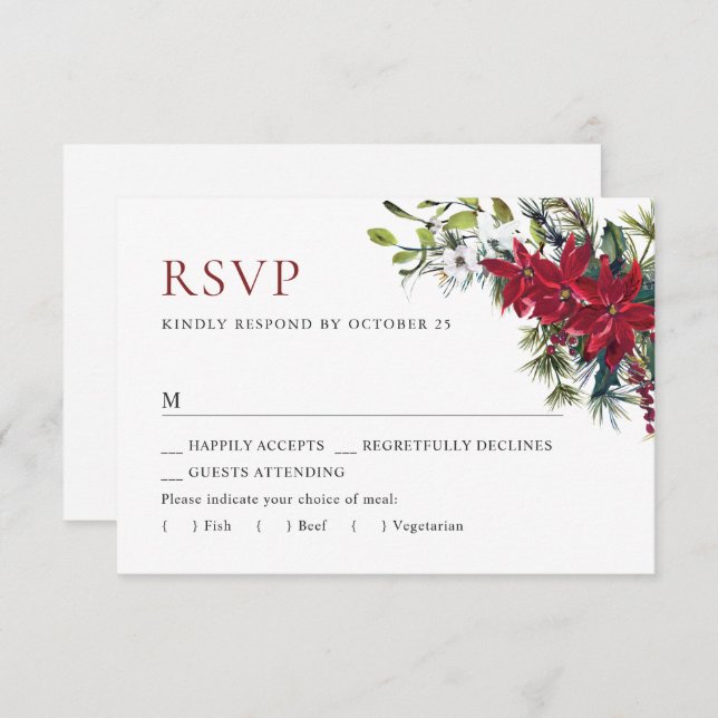 Cartão RSVP Casamento de Natal da Poinsettia Vermelha Elegante (Frente/Verso)