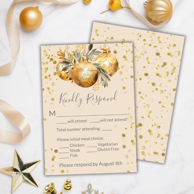 Cartão RSVP Casamento de Natal Dourado Beige (Criador carregado)