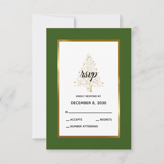 Cartão RSVP Casamento de Natal Dourado da Floresta Elegante (Frente)