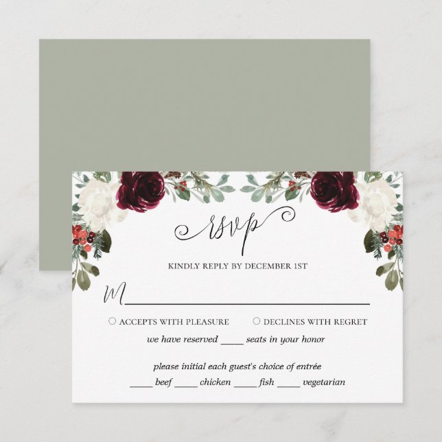 Cartão RSVP Casamento de Natal Elegante (Frente/Verso)