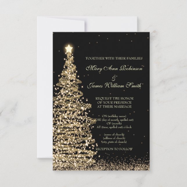 Cartão RSVP Casamento de Natal Elegante Dourado Preto (Frente)