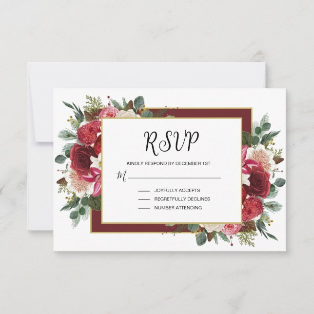 Cartão RSVP Casamento de Natal Floral Rustic Burgundy (Frente)