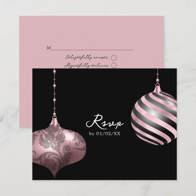 Cartão RSVP Casamento de Natal Negro, Rosa, Rosa Dourado e Neg (Frente/Verso)