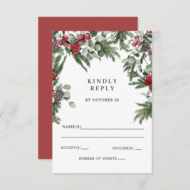 Cartão RSVP Casamento de Natal Rustic Pine Berries (Frente/Verso)