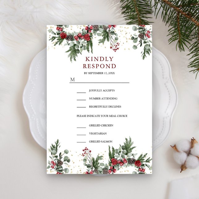 Cartão RSVP Casamento de Natal Rustic Pine Red Floral (Criador carregado)