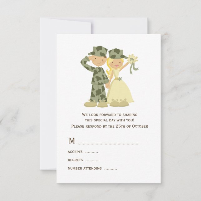 Cartão RSVP Casamento de Noiva e Camuflagem Soldado (Frente)