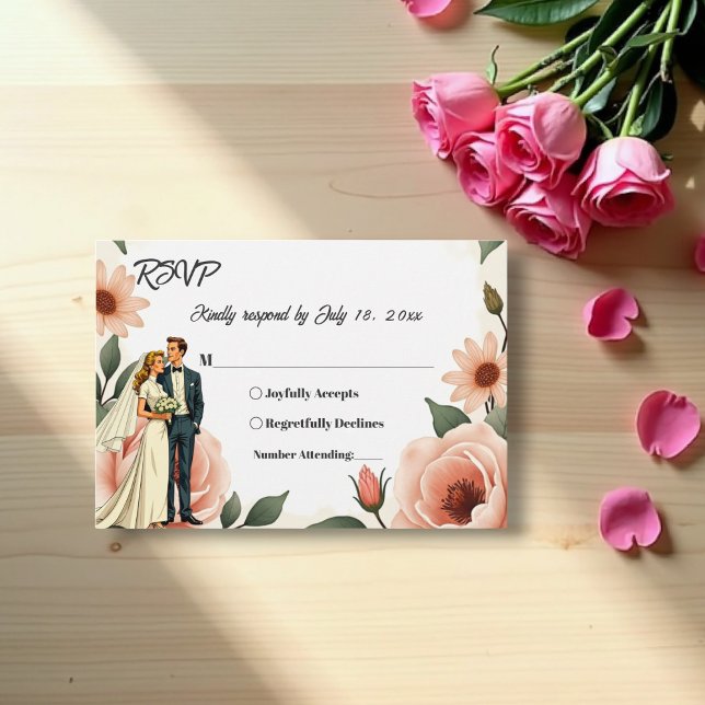 Cartão RSVP Casamento de Noiva Rosa e Groom com Blush Floral (Criador carregado)