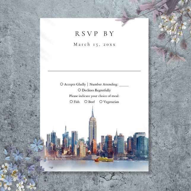 Cartão RSVP Casamento de Nova Iorque de Aquarela Elegante (Elegant Watercolor New York City Wedding RSVP Card)