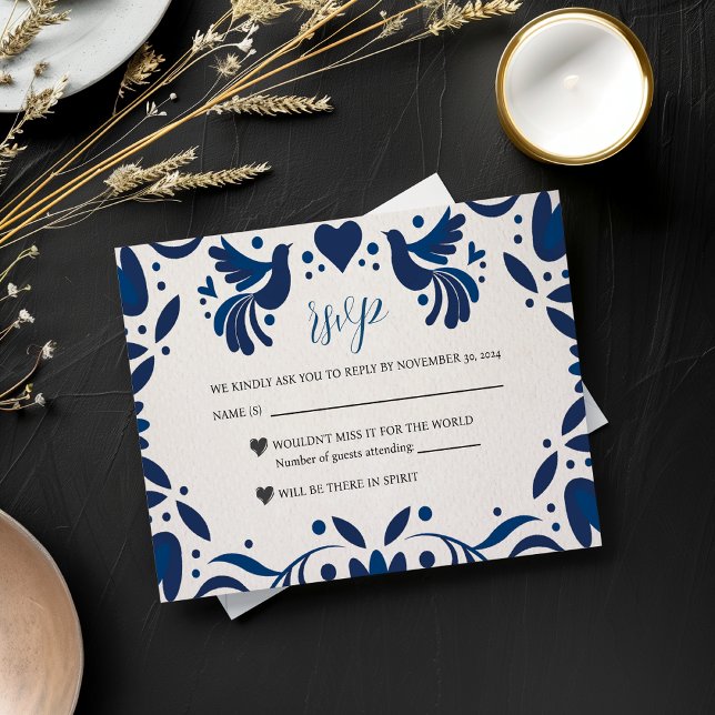 Cartão RSVP Casamento de Otomi Blue Floral Elegant Fiesta (Mexican Otomi Blue Floral Elegant Fiesta Wedding RSVP Card)