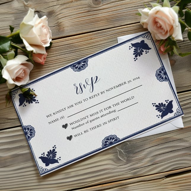 Cartão RSVP Casamento de Otomi Simple Fiesta Azul Mexicano (Mexican Blue Floral Otomi Simple Fiesta Wedding RSVP Card)