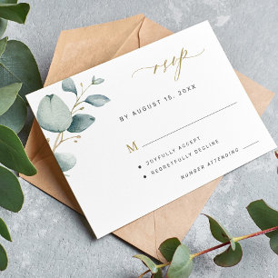 Cartão RSVP Casamento de ouro de eucalipto elegante