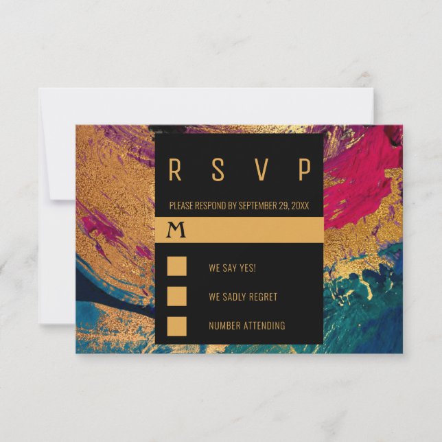 Cartão RSVP Casamento de ouro negro em pintura acrílica modern (Frente)