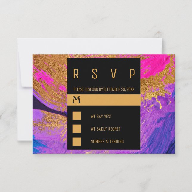 Cartão RSVP Casamento de ouro rosa roxo com pintura acrílica m (Frente)