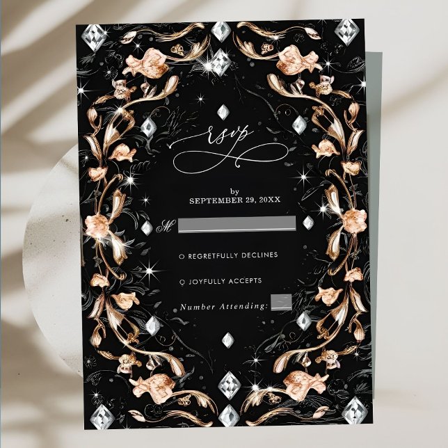 Cartão RSVP Casamento de Ouros Florais Pretos de Luxo (Criador carregado)