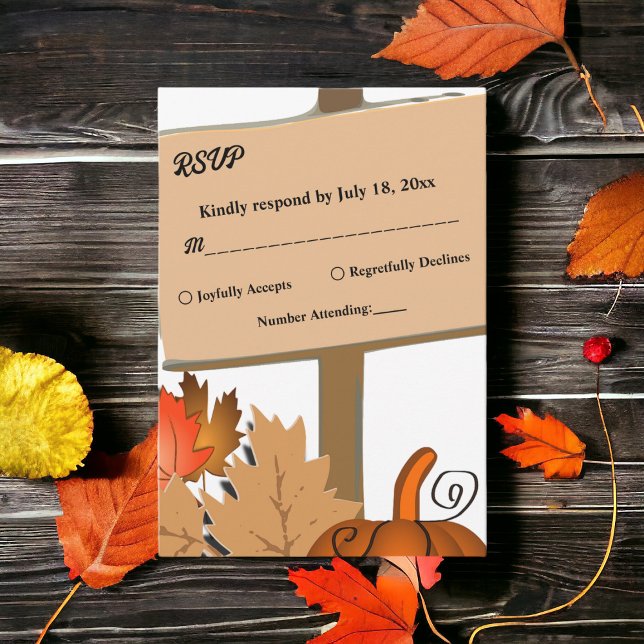 Cartão RSVP Casamento de Outono com Folhas e Abóbora Rústico E (Criador carregado)