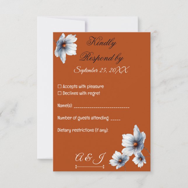 Cartão RSVP Casamento de outono de Terracotta Blue Floral Chic (Frente)