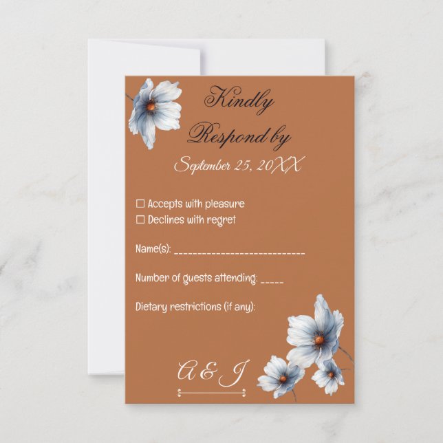 Cartão RSVP Casamento de outono de Terracotta Blue Floral Chic (Frente)