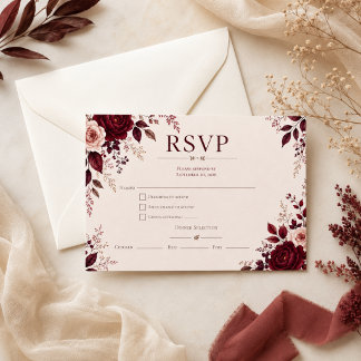 Cartão RSVP Casamento de Outono Romântico em Borgonha Intenso