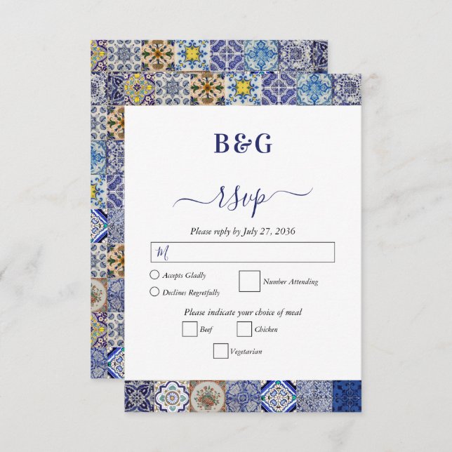Cartão RSVP Casamento de Padrão de Azulejos Portugueses do Med (Frente/Verso)