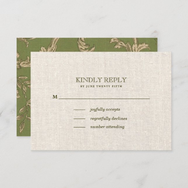 Cartão RSVP Casamento de Padrão de Beige Verde (Frente/Verso)