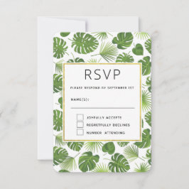 Cartão RSVP Casamento de Padrão de Folhas Tropicais na moda Ve