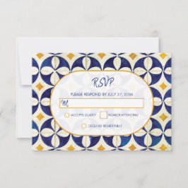 Cartão RSVP Casamento de Padrão Português Azul e Amarelo