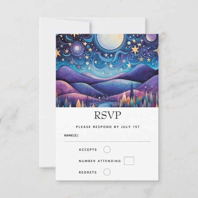 Cartão RSVP Casamento de Paisagem da Lua Grande Noite Whimsica (Frente)