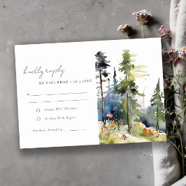 Cartão RSVP Casamento de Paisagem de Pinheiros com Aquarela Ch