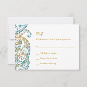Cartão RSVP Casamento de Paisley, Dourado e Teal