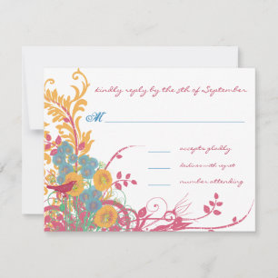 Cartão RSVP Casamento de Pássaro Flor Silvestre Raspberry Cera