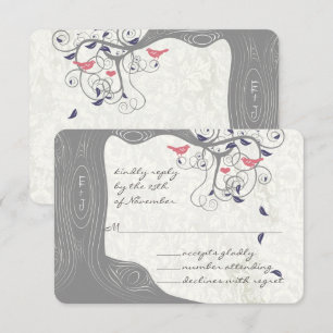 Cartão RSVP Casamento de Pássaros de Amor com Árvore Giratória