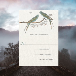 Cartão RSVP Casamento de Pássaros de Amor Verde Azul Marrom Sa
