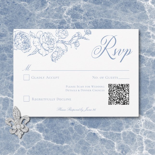 Cartão RSVP Casamento de Pássaros e Crest da Chinoiserie Blue  (Elegant Blue Chinoiserie Bird & Crest Wedding QR RSVP Card)