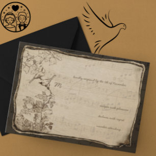 Cartão RSVP Casamento de Pássaros Vintage em Pergaminho Envelh