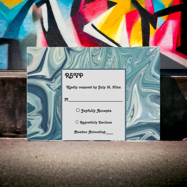 Cartão RSVP Casamento de Pastel Abstrato do Oceano Azul Modern (Criador carregado)