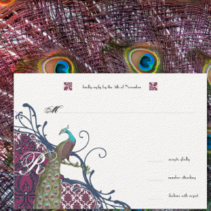 Cartão RSVP Casamento de Peacock do marinho e Berry Berry Eleg
