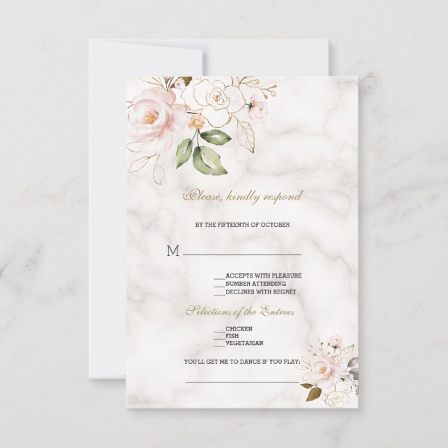 Cartão RSVP Casamento de Pedido de Música para Flores Douradas (Frente)