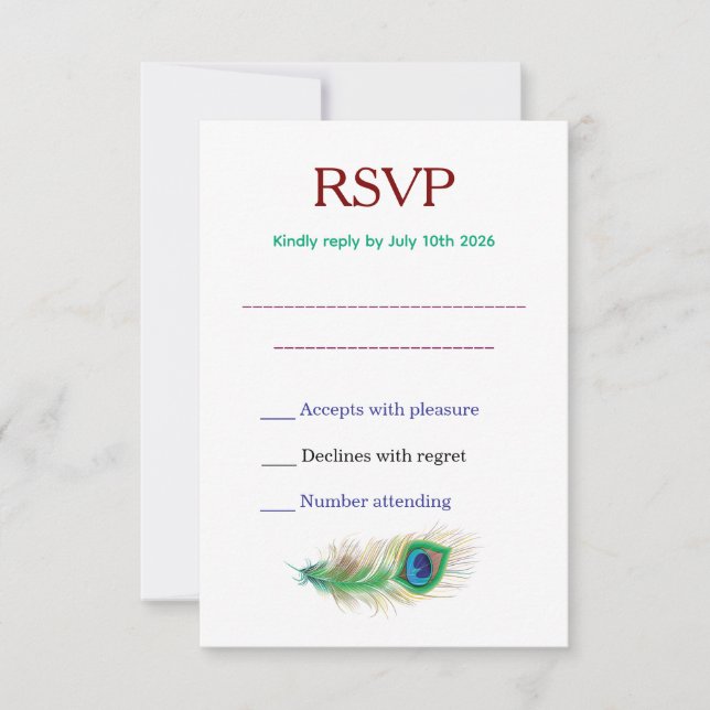 Cartão RSVP Casamento de Pena de Pavão Bonito (Frente)