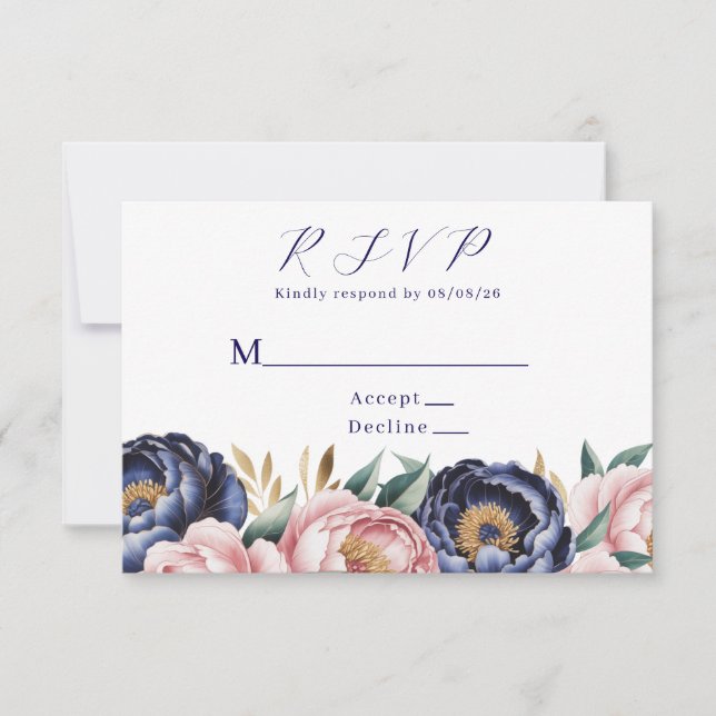 Cartão RSVP Casamento de Penas Azuis-Blush e Marinho (Frente)