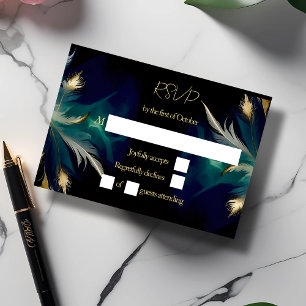 Cartão RSVP Casamento de penas de ouro negro e azul-etéreo