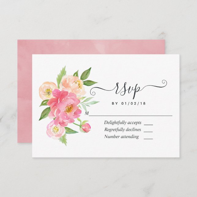 Cartão RSVP Casamento de Peões de Aquarela Primavera a Pastel (Frente/Verso)