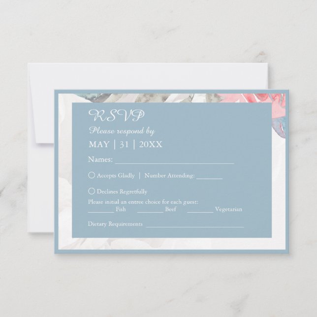 Cartão RSVP casamento de peônia floral azul de flor silvestre (Frente)