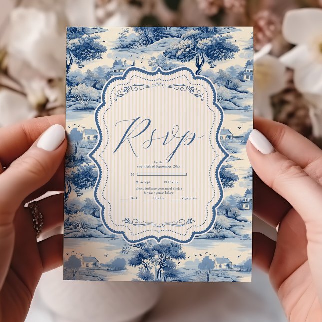 Cartão RSVP Casamento de Peônias Botânicas de Porcelana Azul C (Criador carregado)