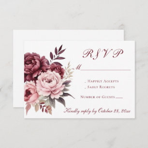 Cartão RSVP Casamento de Peônias de Borgonha com Aquarela Flor