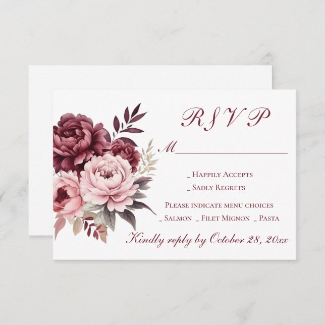 Cartão RSVP Casamento de Peônias de Borgonha com Aquarela Flor (Frente/Verso)