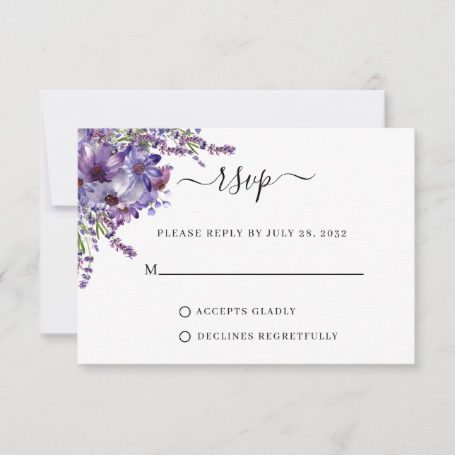 Cartão RSVP Casamento de Peônias de Lavanda Floral Elegante (Frente)