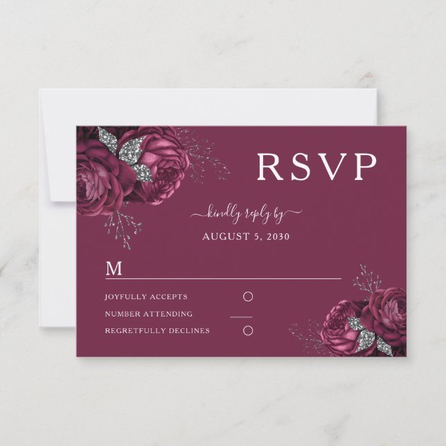 Cartão RSVP Casamento de Peonies Floral Burgundy Elegante (Frente)
