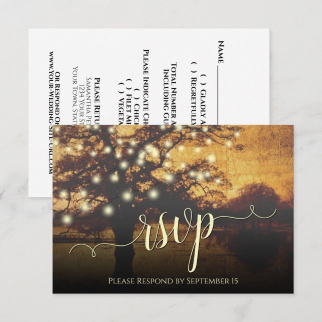 Cartão RSVP Casamento de Pergaminho Rustic Tree & Lights Ouro  (Frente/Verso)