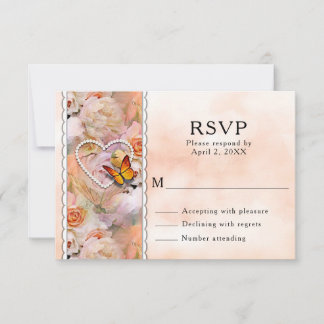 Cartão RSVP Casamento de Pérolas do Coração, Rosas Laranja e B