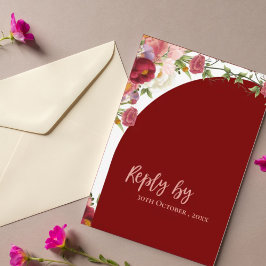 Cartão RSVP Casamento de Pêssegos Florais com Alça Vermelha El